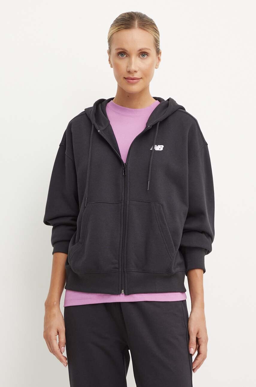 New Balance bluza femei, culoarea negru, cu glugă, cu imprimeu, WJ41501BK