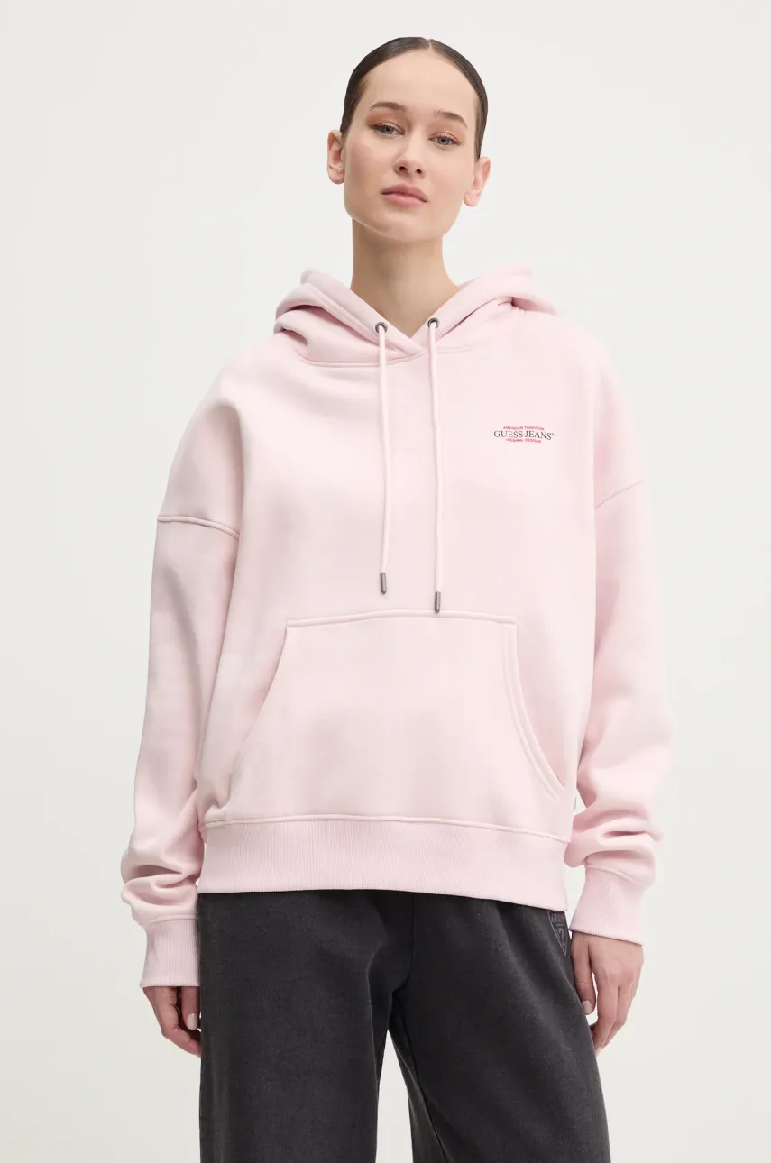 Mikina Guess Jeans dámská, růžová barva, s kapucí, s potiskem, W4BQ21 KC811