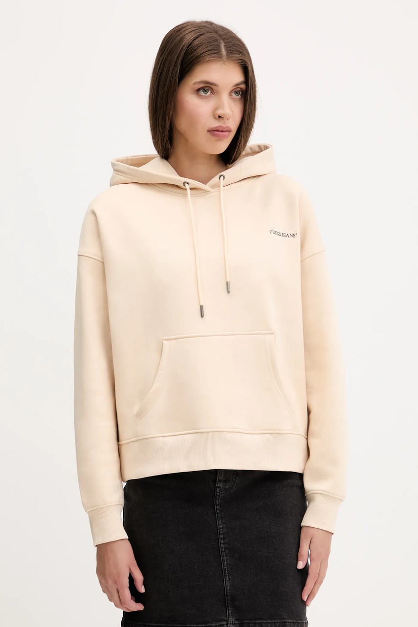 Levně Mikina Guess Jeans dámská, černá barva, s kapucí, s potiskem, W4BQ21 KC811