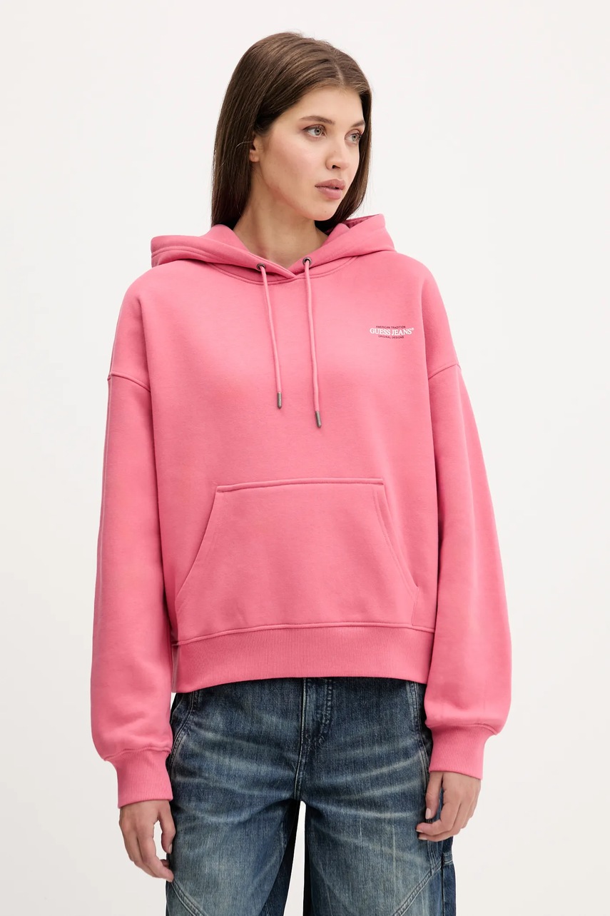 

Суичър Guess Jeans в черно с качулка с принт W4BQ21 KC811, Розов
