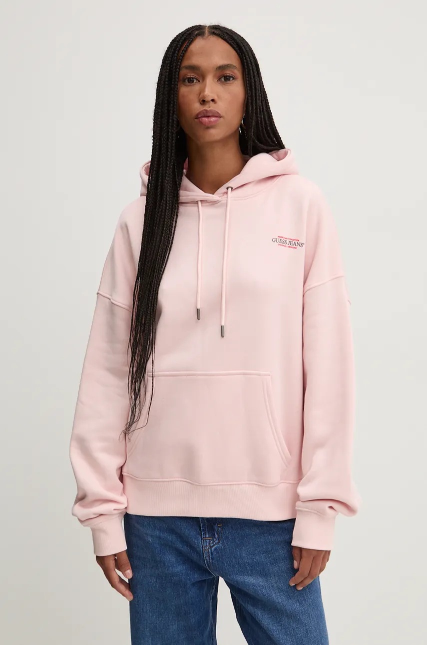 

Суичър Guess Jeans в розово с качулка с принт W4BQ21 KC811, Розов