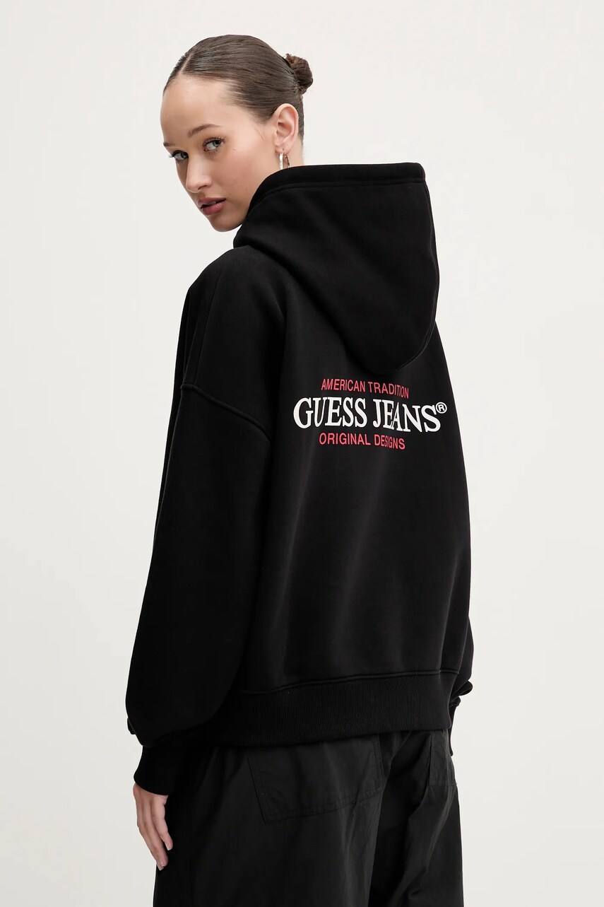 Levně Mikina Guess Jeans dámská, černá barva, s kapucí, s potiskem, W4BQ21 KC811
