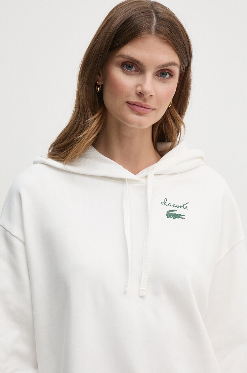 Lacoste bluza femei, culoarea alb, cu glugă, cu imprimeu, SF2649