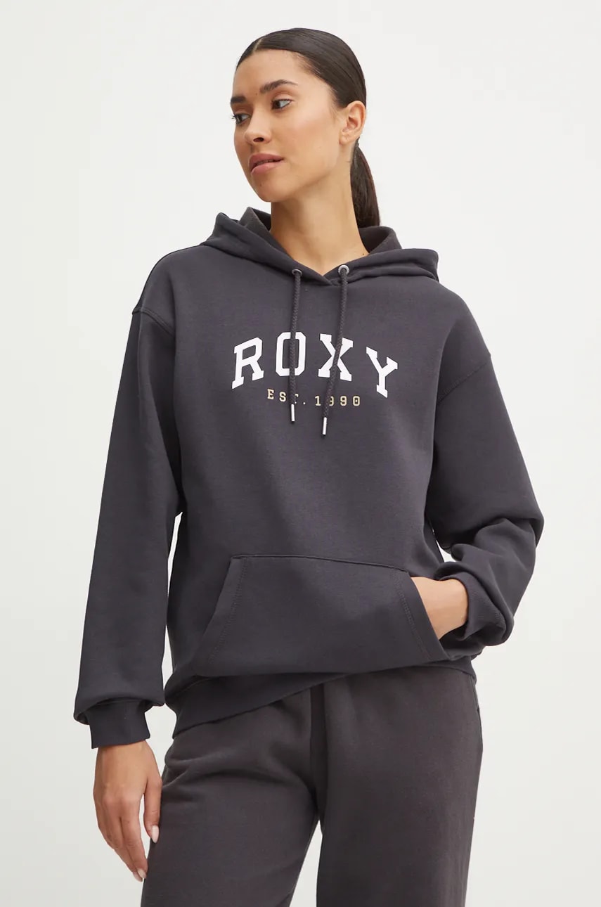 Roxy bluza Surf Stoked femei, culoarea gri, cu glugă, cu imprimeu, ERJFT04899 Roxy bluza Surf Stoked femei, culoarea gri, cu glugă, cu imprimeu, ERJFT04899