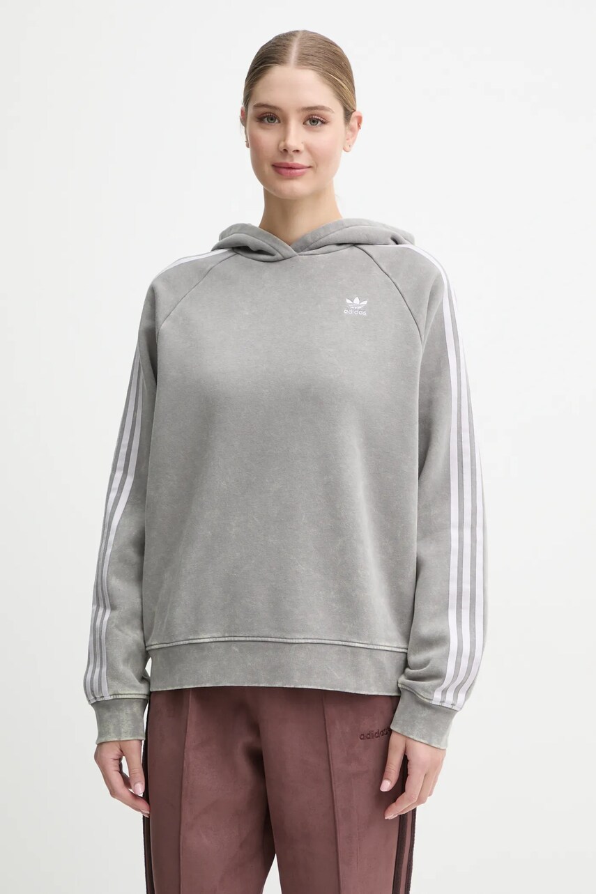 adidas Originals bluza Wash Hoodie femei, culoarea gri, cu gluga, cu imprimeu, IW3414