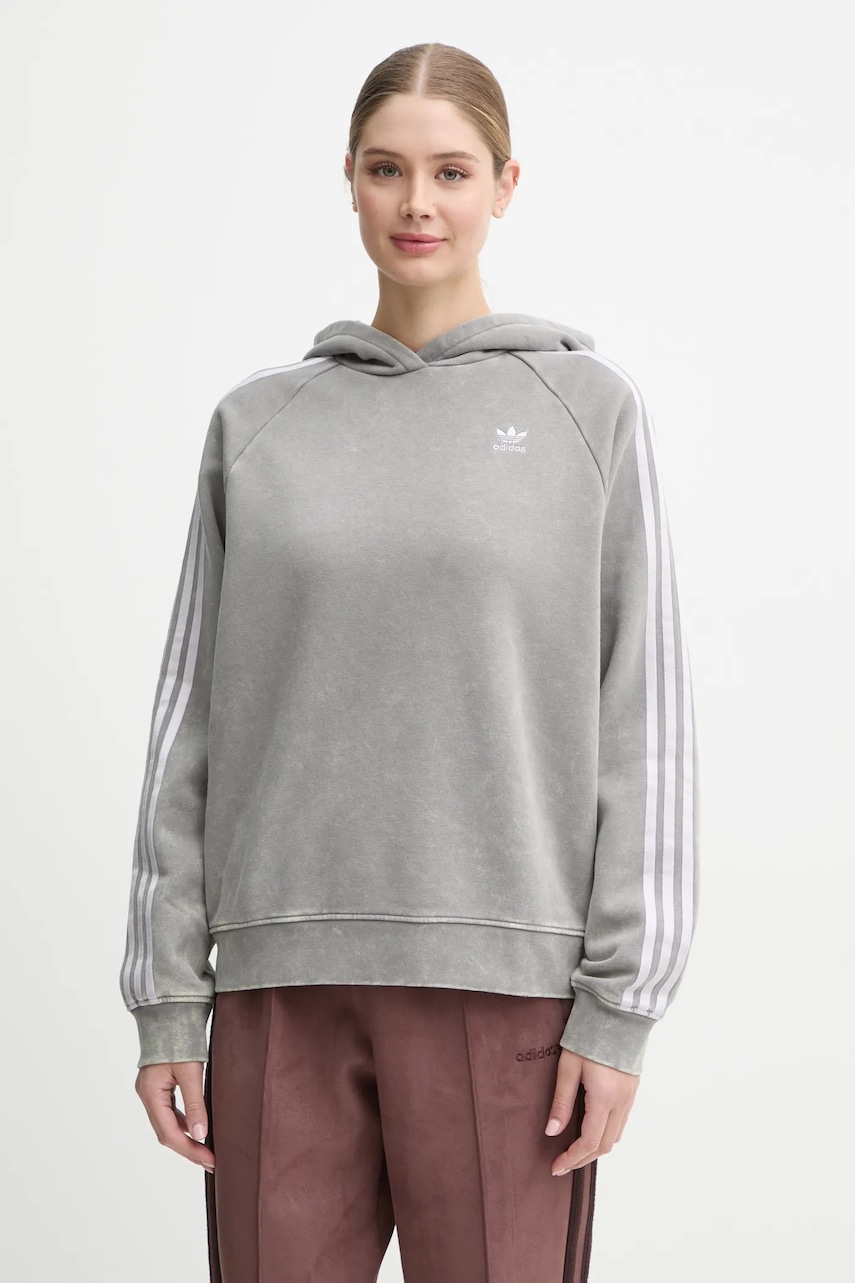 adidas Originals bluză Wash Hoodie femei, culoarea gri, cu glugă, cu imprimeu, IW3414