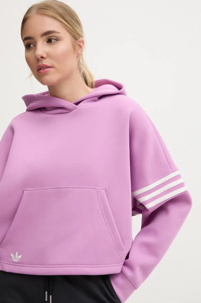 adidas Originals bluză Neuclassicscl Hoodie femei, culoarea violet, cu glugă, cu imprimeu, IW5614 adidas Originals bluză Neuclassicscl Hoodie femei, culoarea violet, cu glugă, cu imprimeu, IW5614