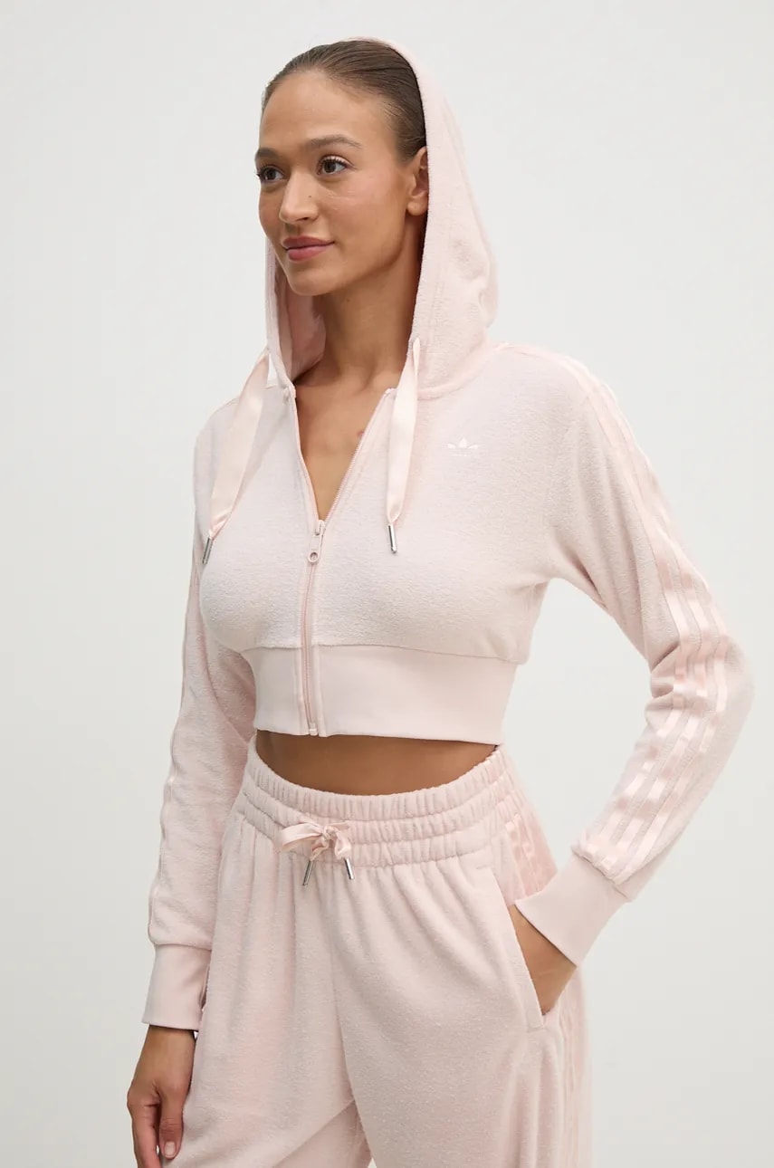 adidas Originals bluză Femme Galore Short Fulzip Hoodie femei, culoarea roz, cu glugă, cu imprimeu, JN3005 adidas Originals bluză Femme Galore Short Fulzip Hoodie femei, culoarea roz, cu glugă, cu imprimeu, JN3005