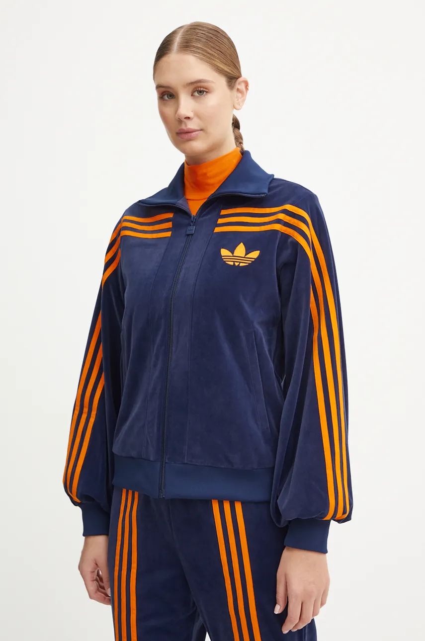 adidas Originals bluză din velur 70s Velour Tracktop culoarea albastru marin, cu imprimeu, JN8287