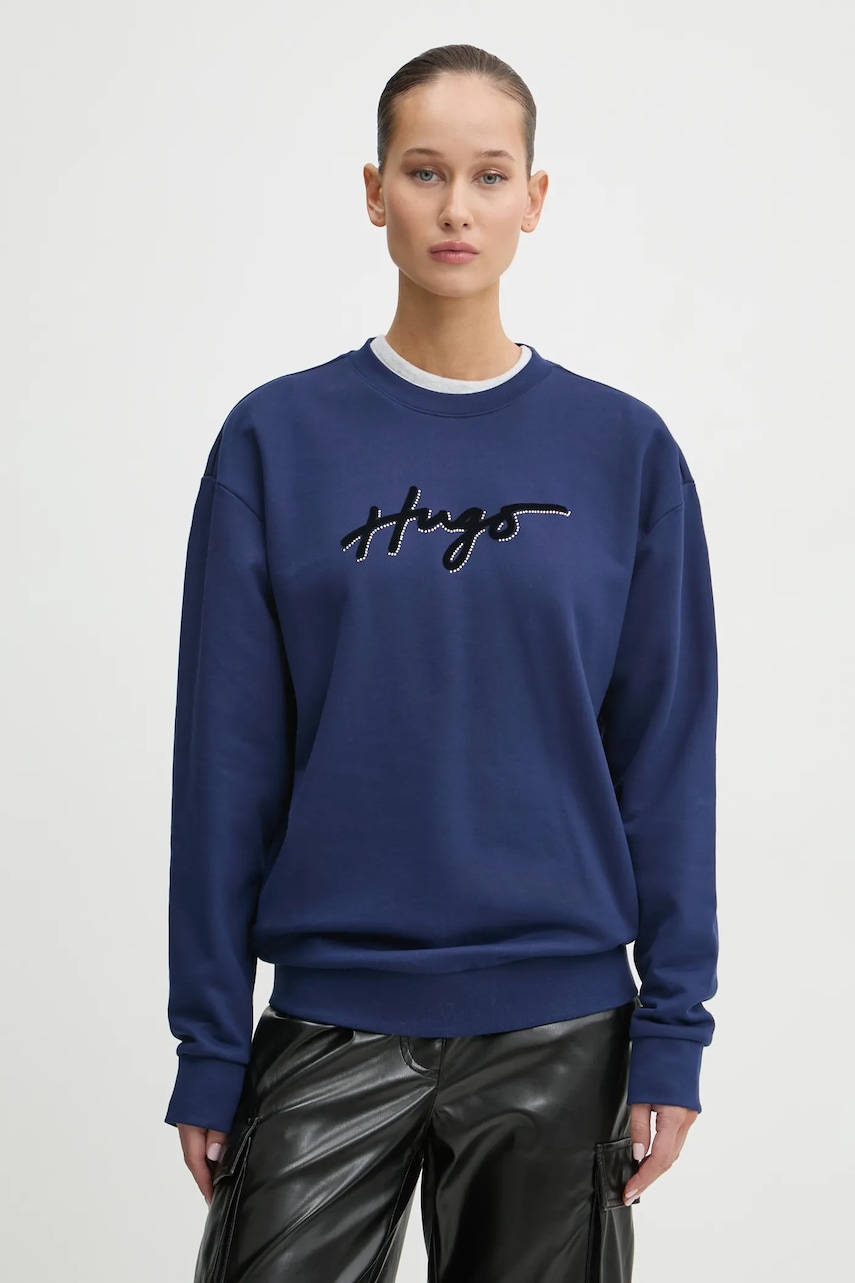 HUGO hanorac de bumbac femei, culoarea bleumarin, cu imprimeu, 50528579