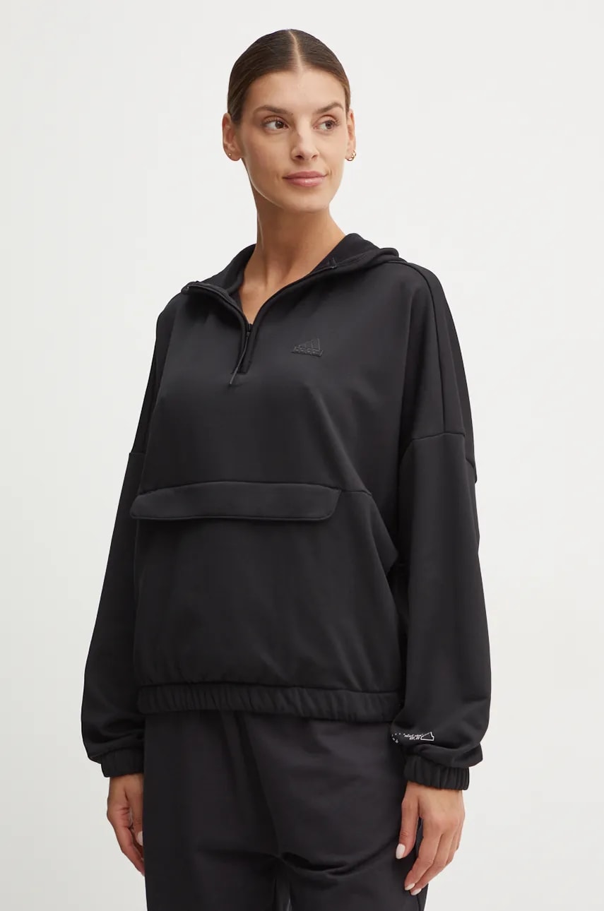 adidas bluza City Escape femei, culoarea negru, cu glugă, neted, IV7524 adidas bluza City Escape femei, culoarea negru, cu glugă, neted, IV7524