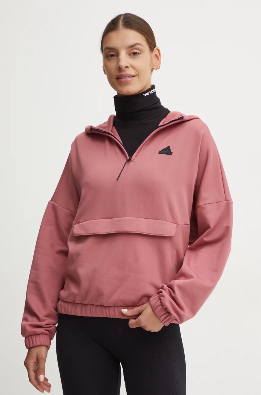 adidas bluza City Escape femei, culoarea roz, cu glugă, cu imprimeu, IW5217