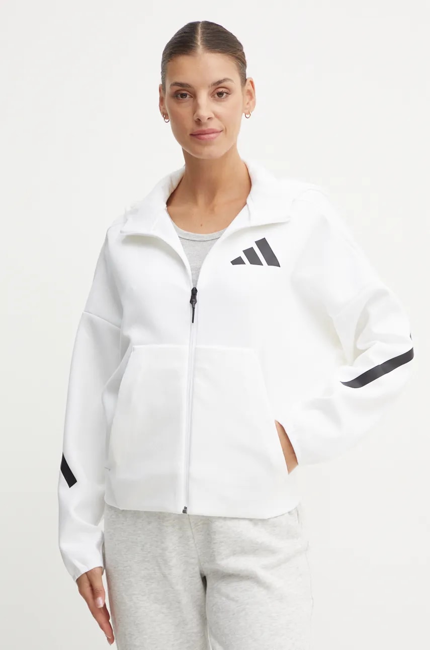 adidas bluză Z.N.E. femei, culoarea alb, cu glugă, cu imprimeu, JE7849 adidas bluză Z.N.E. femei, culoarea alb, cu glugă, cu imprimeu, JE7849
