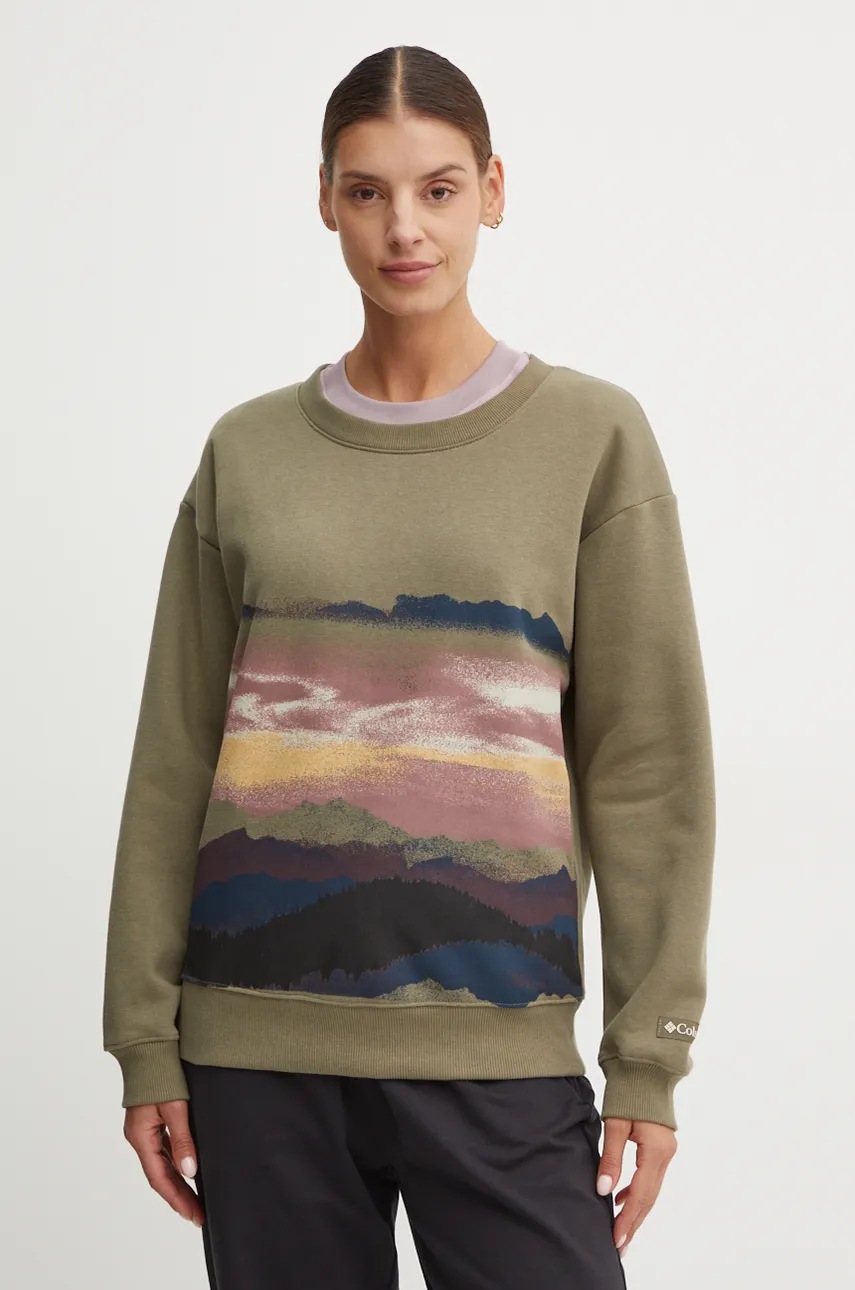 Columbia bluza Meridian Creek Crew femei, culoarea verde, cu imprimeu, 2086051