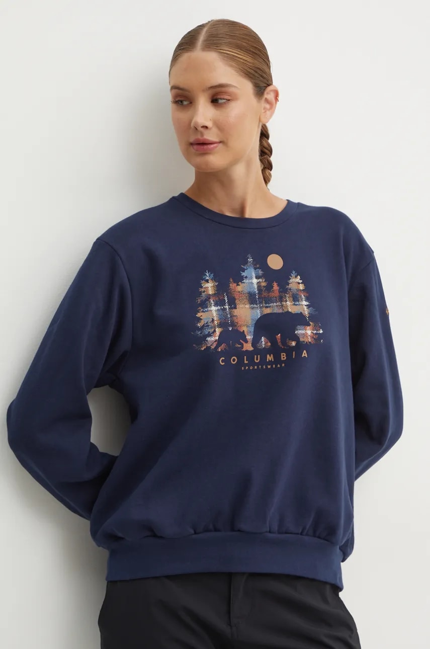 Columbia bluza Hart Mountain Crew femei, culoarea albastru marin, cu imprimeu, 2086431