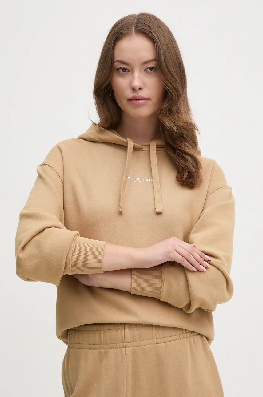 Levně Mikina Tommy Hilfiger dámská, béžová barva, s kapucí, hladká, WW0WW42896