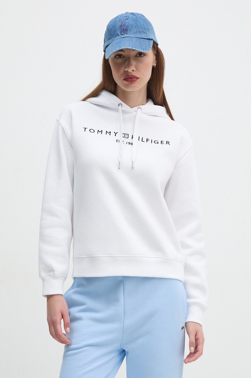 Levně Mikina Tommy Hilfiger dámská, bílá barva, s kapucí, s aplikací, WW0WW43598