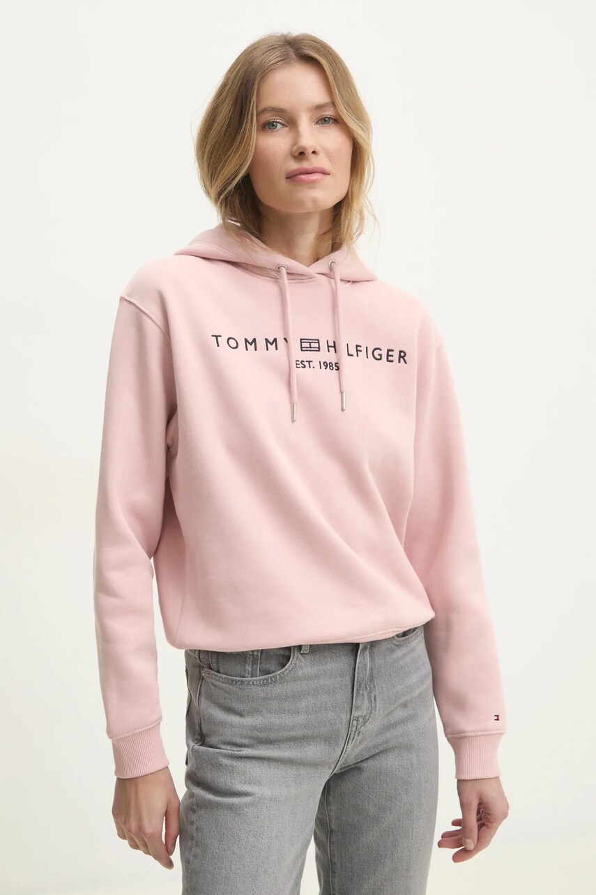 Levně Mikina Tommy Hilfiger dámská, růžová barva, s kapucí, s aplikací, WW0WW43598