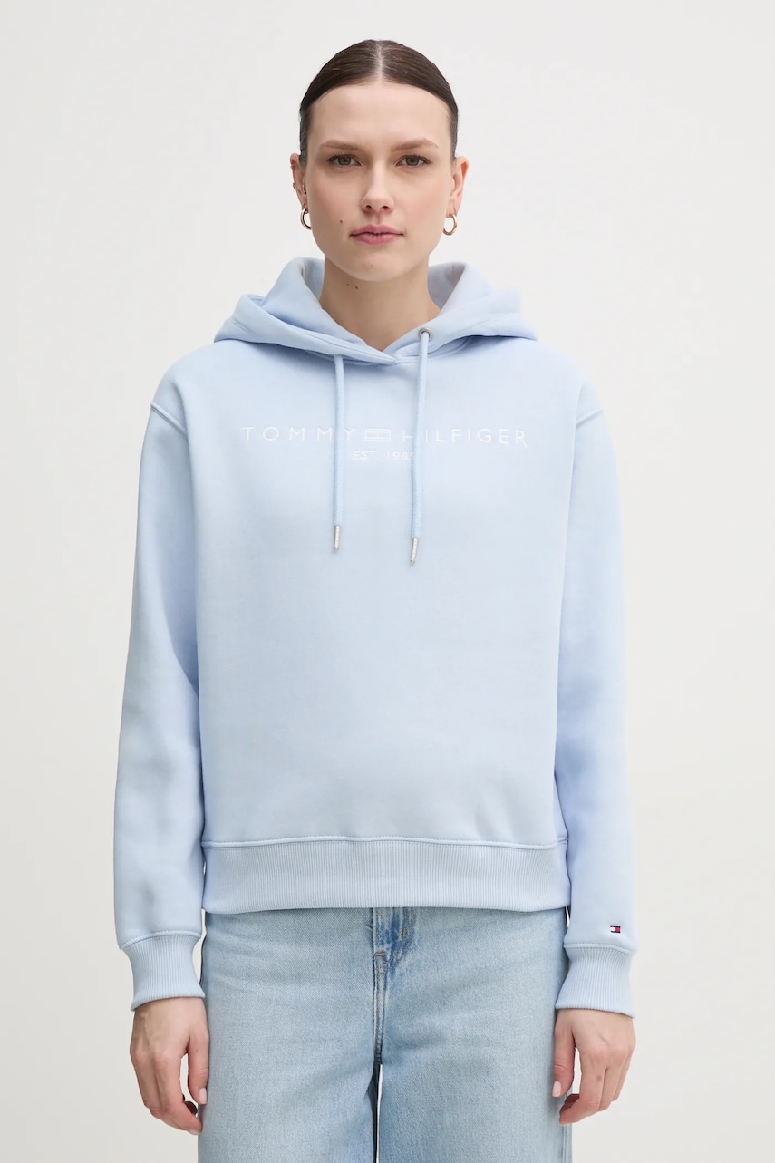 Levně Mikina Tommy Hilfiger dámská, modrá barva, s kapucí, s aplikací, WW0WW43598