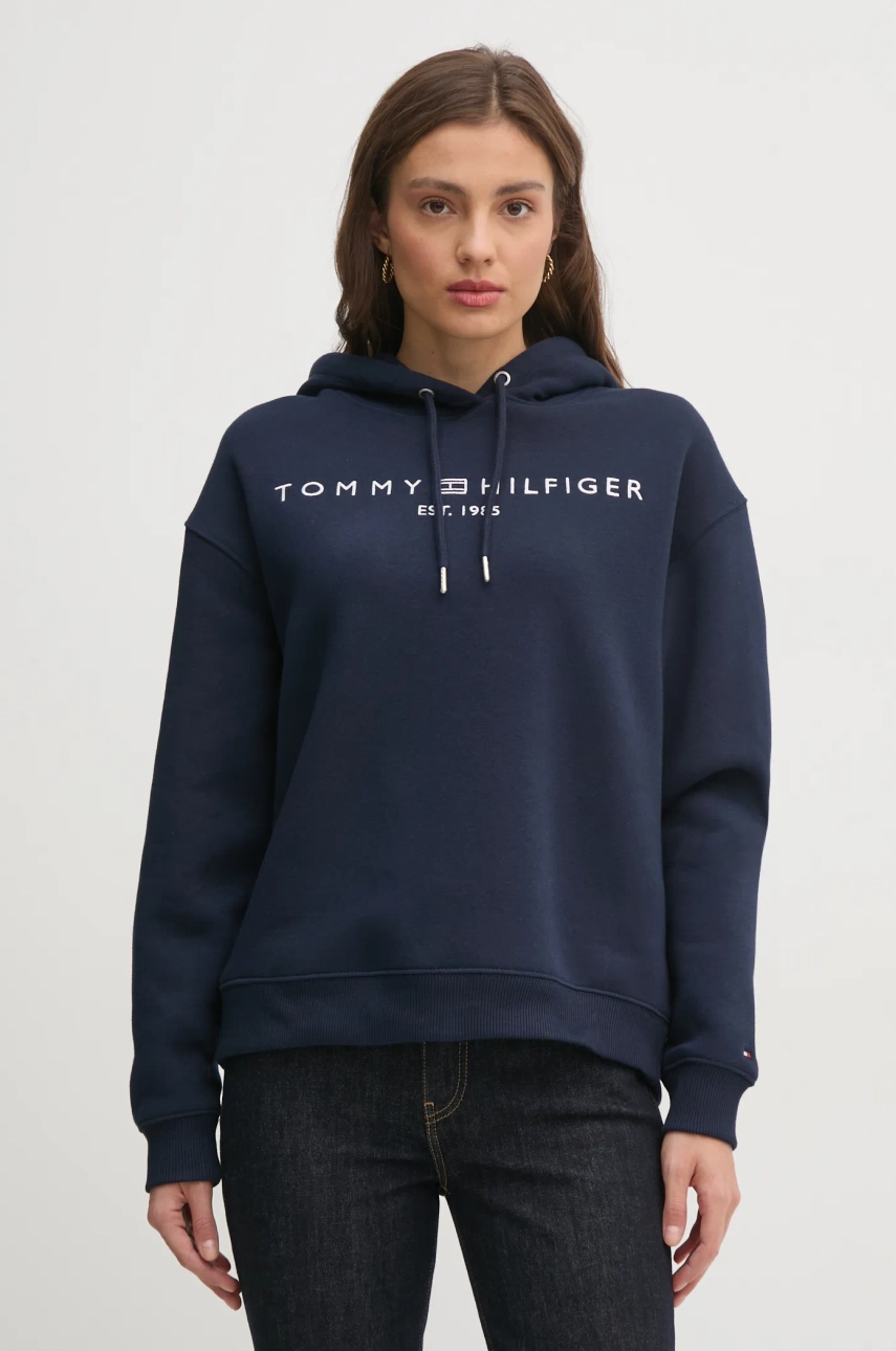 Dukserica Tommy Hilfiger za žene, boja: tamno plava, s kapuljačom, s aplikacijom, WW0WW43598