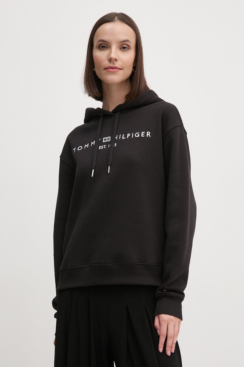 Levně Mikina Tommy Hilfiger dámská, černá barva, s kapucí, s aplikací, WW0WW43598
