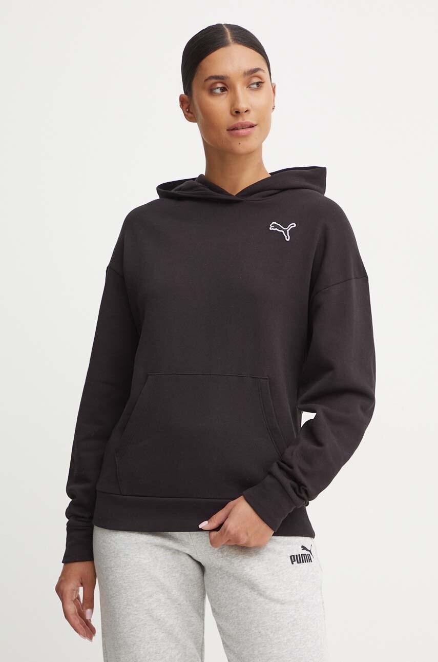 Puma hanorac de bumbac femei, culoarea negru, cu glugă, neted, 676804