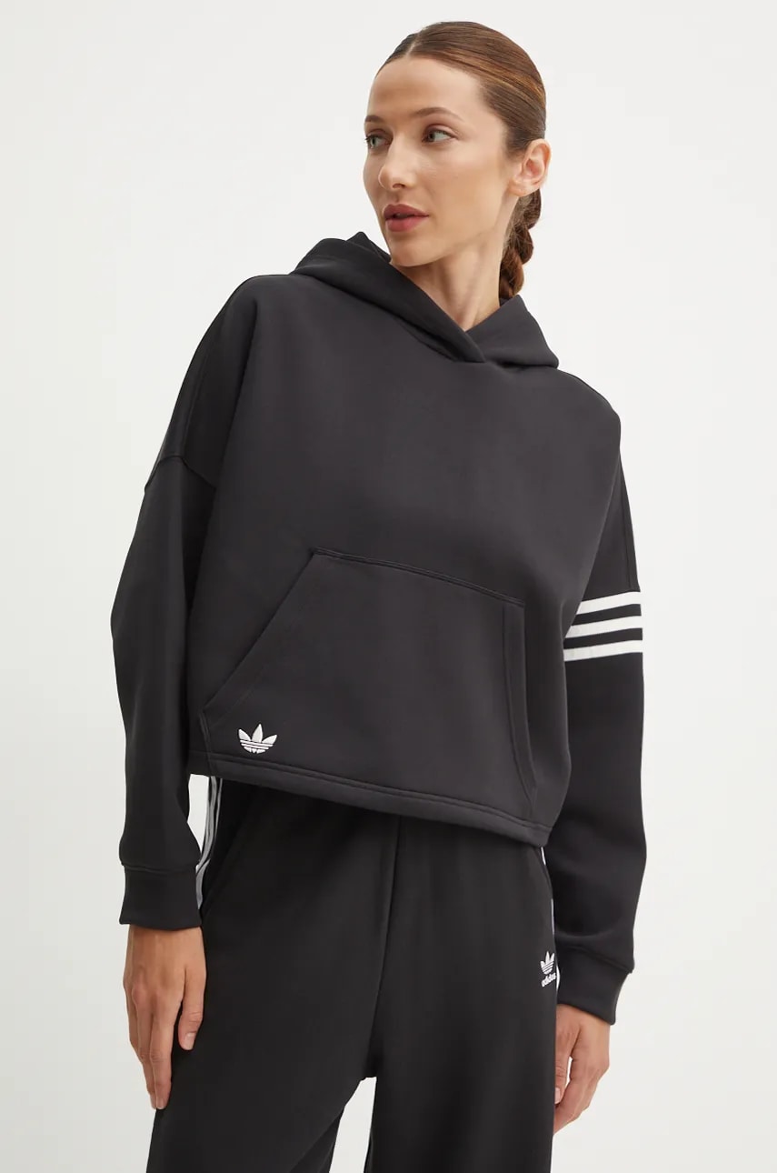 adidas Originals bluza Neuclassics femei, culoarea negru, cu glugă, neted, IW5607 adidas Originals bluza Neuclassics femei, culoarea negru, cu glugă, neted, IW5607