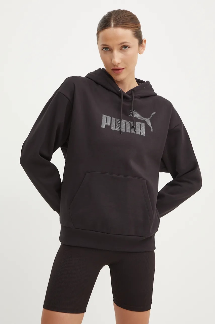 Puma bluza femei, culoarea negru, cu glugă, cu imprimeu, 681492 Puma bluza femei, culoarea negru, cu glugă, cu imprimeu, 681492