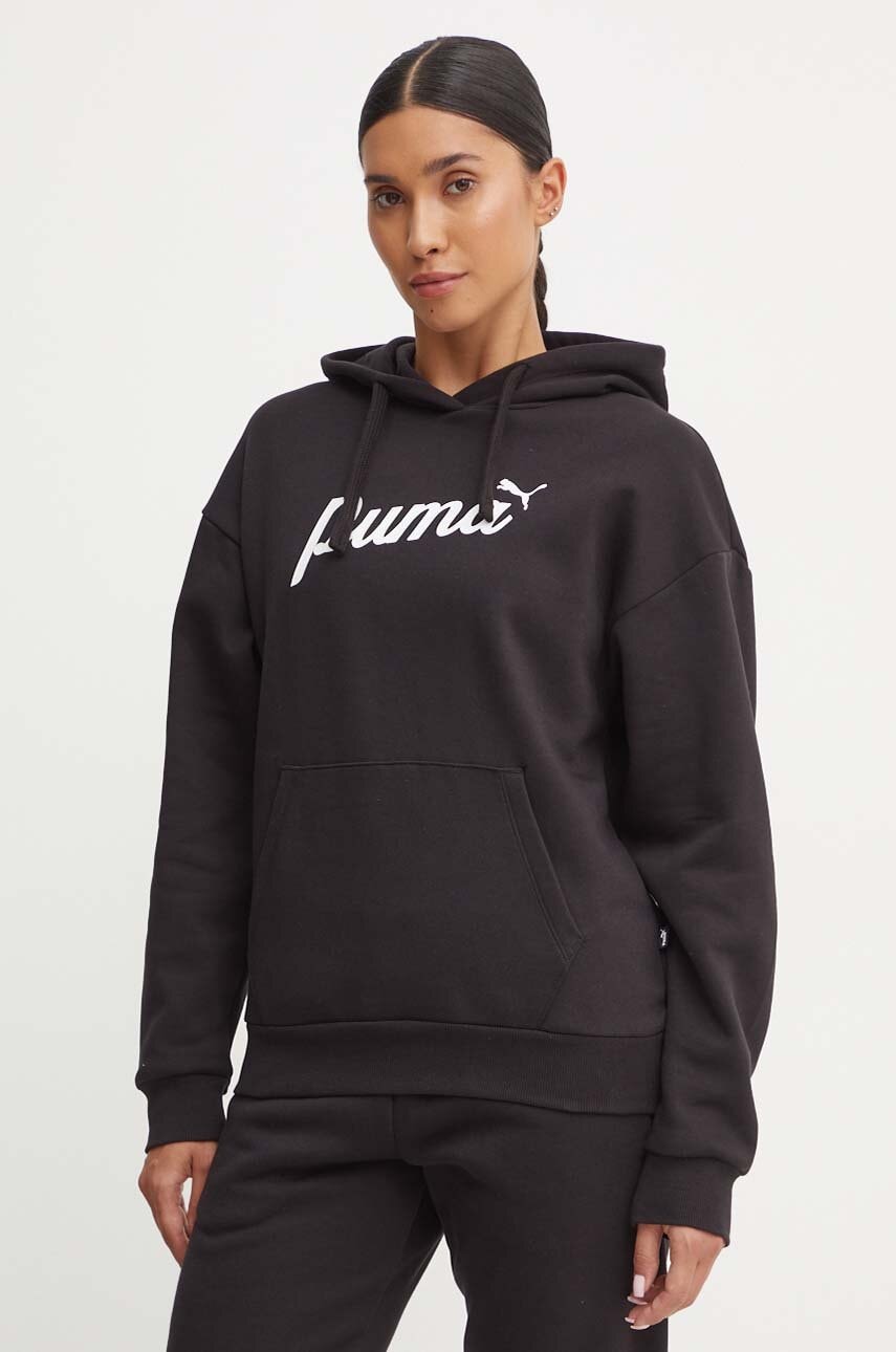 Puma bluza femei, culoarea negru, cu glugă, cu imprimeu, 681534