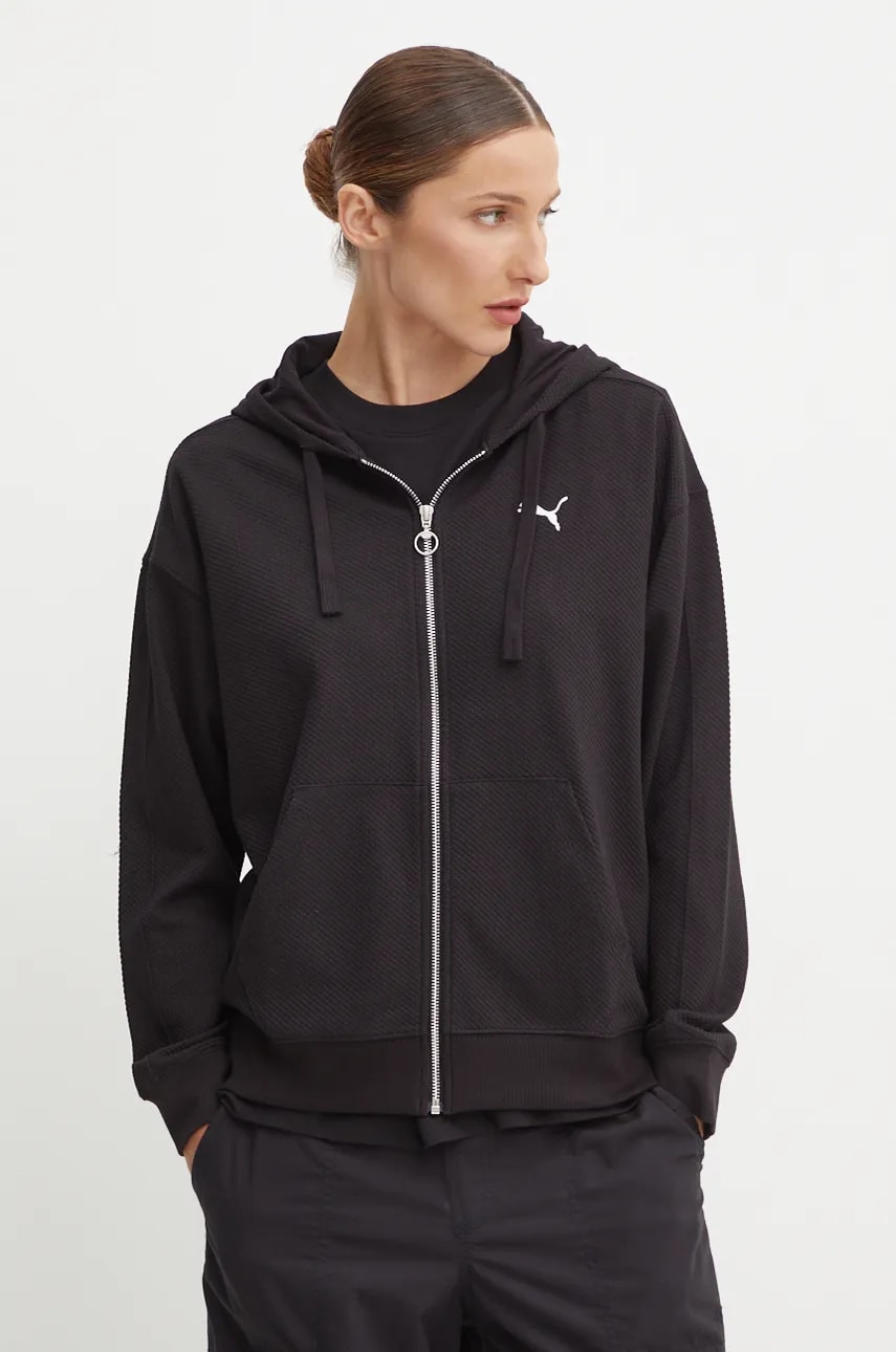 Puma bluza femei, culoarea negru, cu glugă, neted, 681631 Puma bluza femei, culoarea negru, cu glugă, neted, 681631