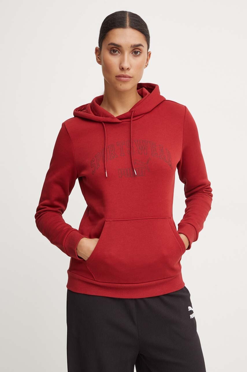 Puma bluza femei, culoarea rosu, cu glugă, cu imprimeu, 682987
