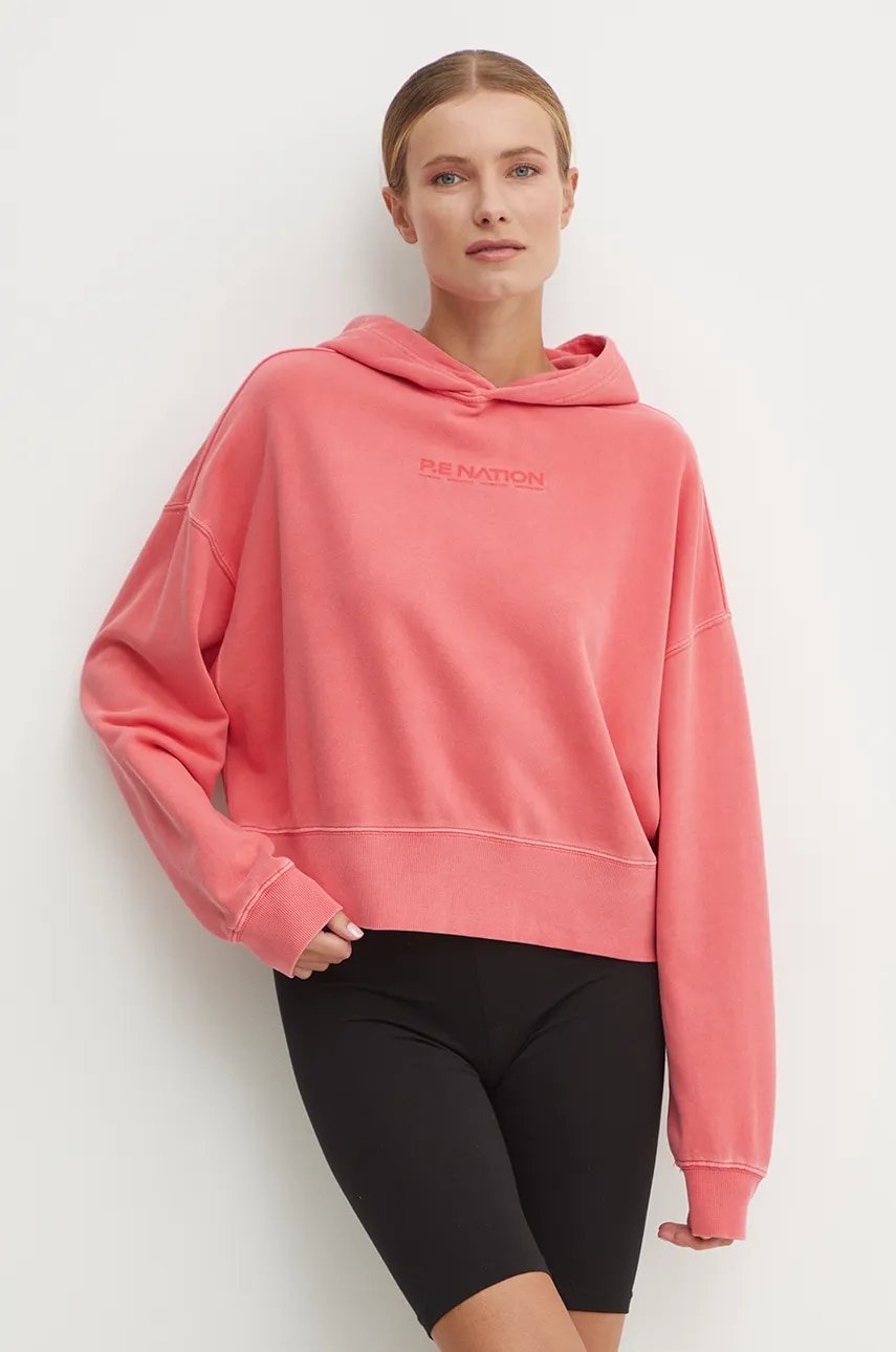 P.E Nation hanorac de bumbac Transition Hoodie femei, culoarea rosu, cu glugă, neted, 243H398 P.E Nation hanorac de bumbac Transition Hoodie femei, culoarea rosu, cu glugă, neted, 243H398