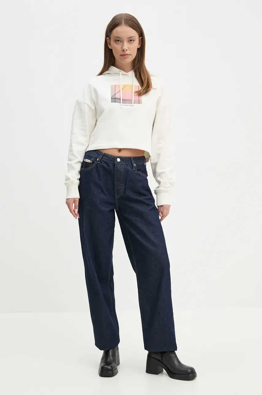 Хлопковая кофта Calvin Klein Jeans женская цвет бежевый с капюшоном с принтом J20J224168 Хлопковая кофта Calvin Klein Jeans женская цвет бежевый с капюшоном с принтом J20J224168