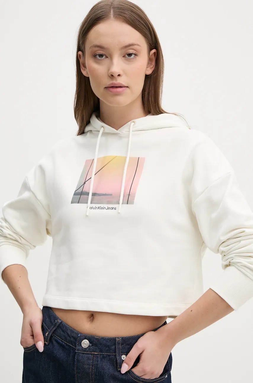 Βαμβακερή μπλούζα Calvin Klein Jeans γυναικεία, χρώμα: μπεζ, με κουκούλα, J20J224168 φωτογραφία