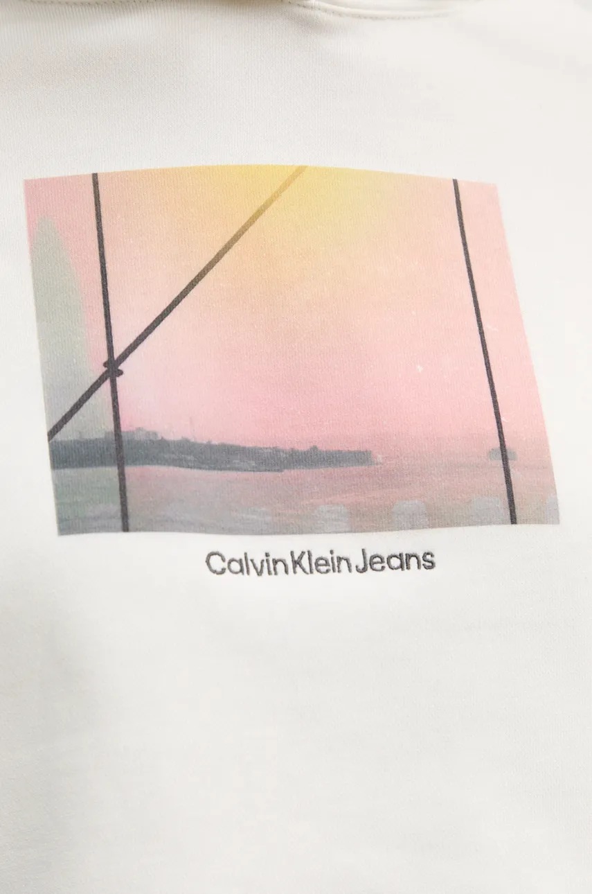 Βαμβακερή μπλούζα Calvin Klein Jeans γυναικεία, χρώμα: μπεζ, με κουκούλα, J20J224168 φωτογραφία