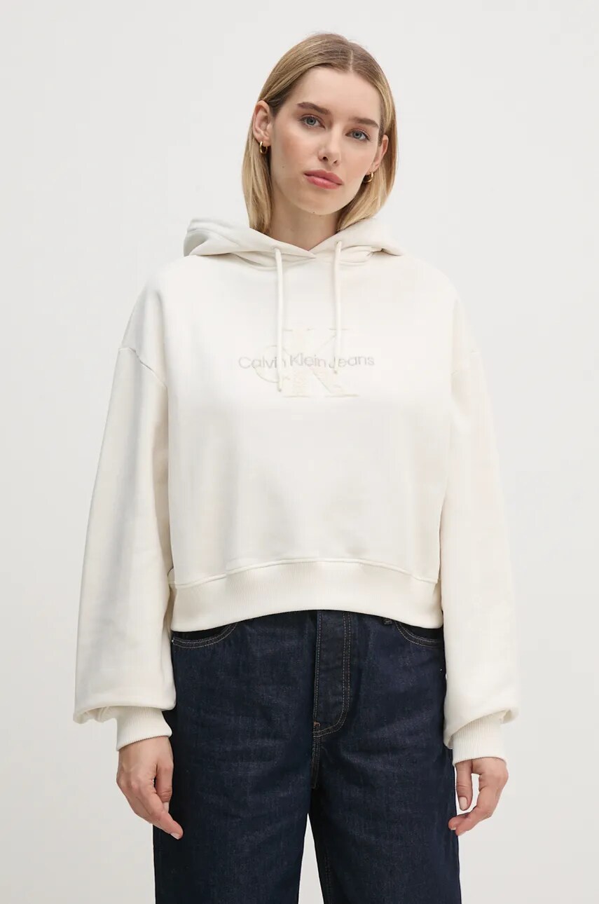 Levně Bavlněná mikina Calvin Klein Jeans dámská, béžová barva, s kapucí, s aplikací, J20J224170