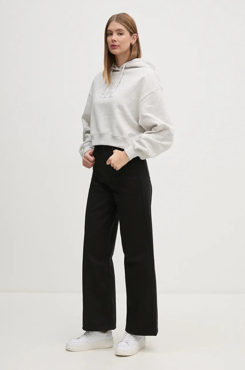 Хлопковая кофта Calvin Klein Jeans женская цвет серый с капюшоном с аппликацией J20J224170 Хлопковая кофта Calvin Klein Jeans женская цвет серый с капюшоном с аппликацией J20J224170