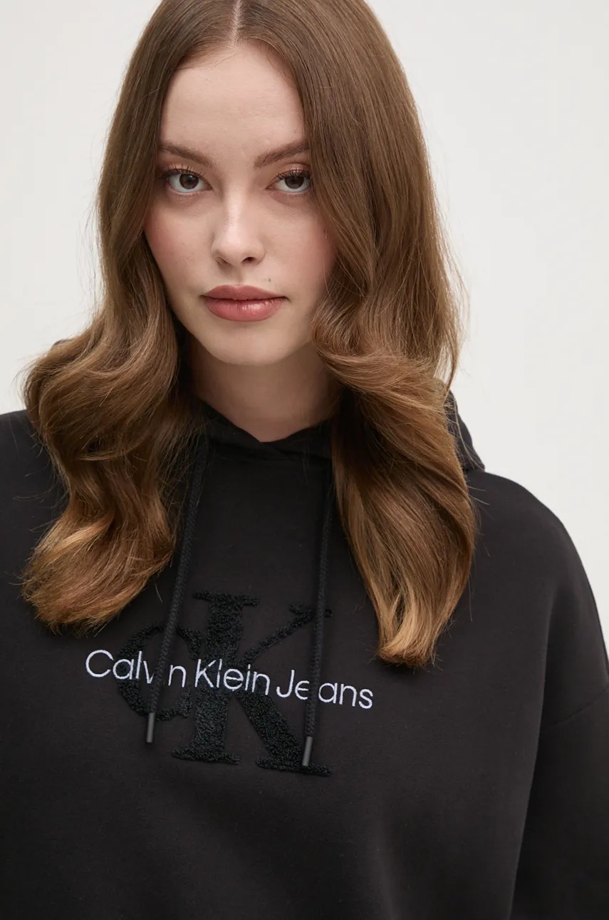 Бавовняна кофта Calvin Klein Jeans жіноча колір чорний з капюшоном з аплікацією J20J224170 