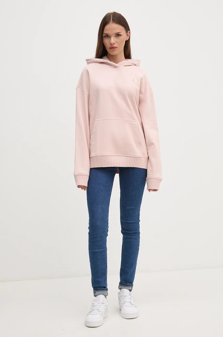Хлопковая кофта Calvin Klein Jeans женская цвет розовый с капюшоном однотонная J20J224173 Хлопковая кофта Calvin Klein Jeans женская цвет розовый с капюшоном однотонная J20J224173