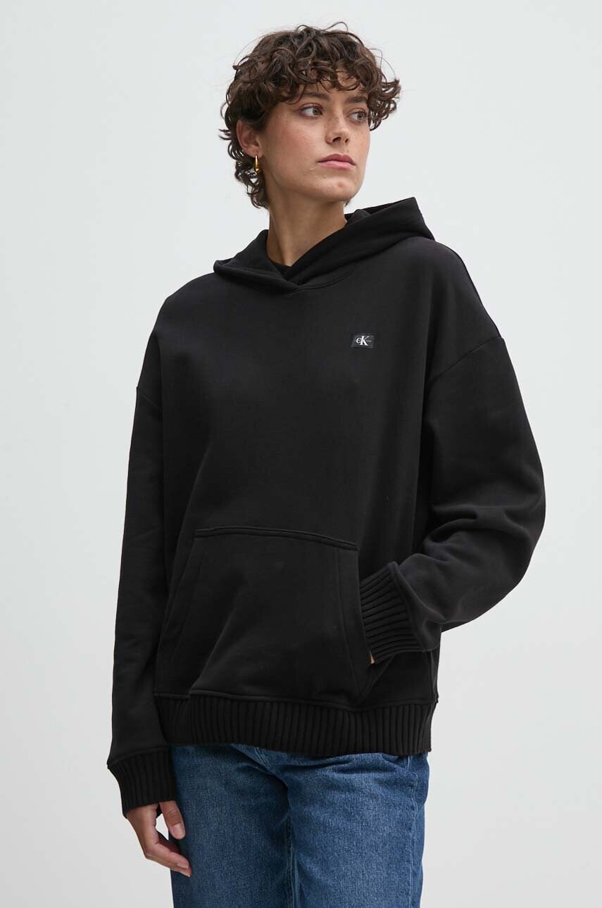 Levně Bavlněná mikina Calvin Klein Jeans dámská, černá barva, s kapucí, hladká, J20J224173