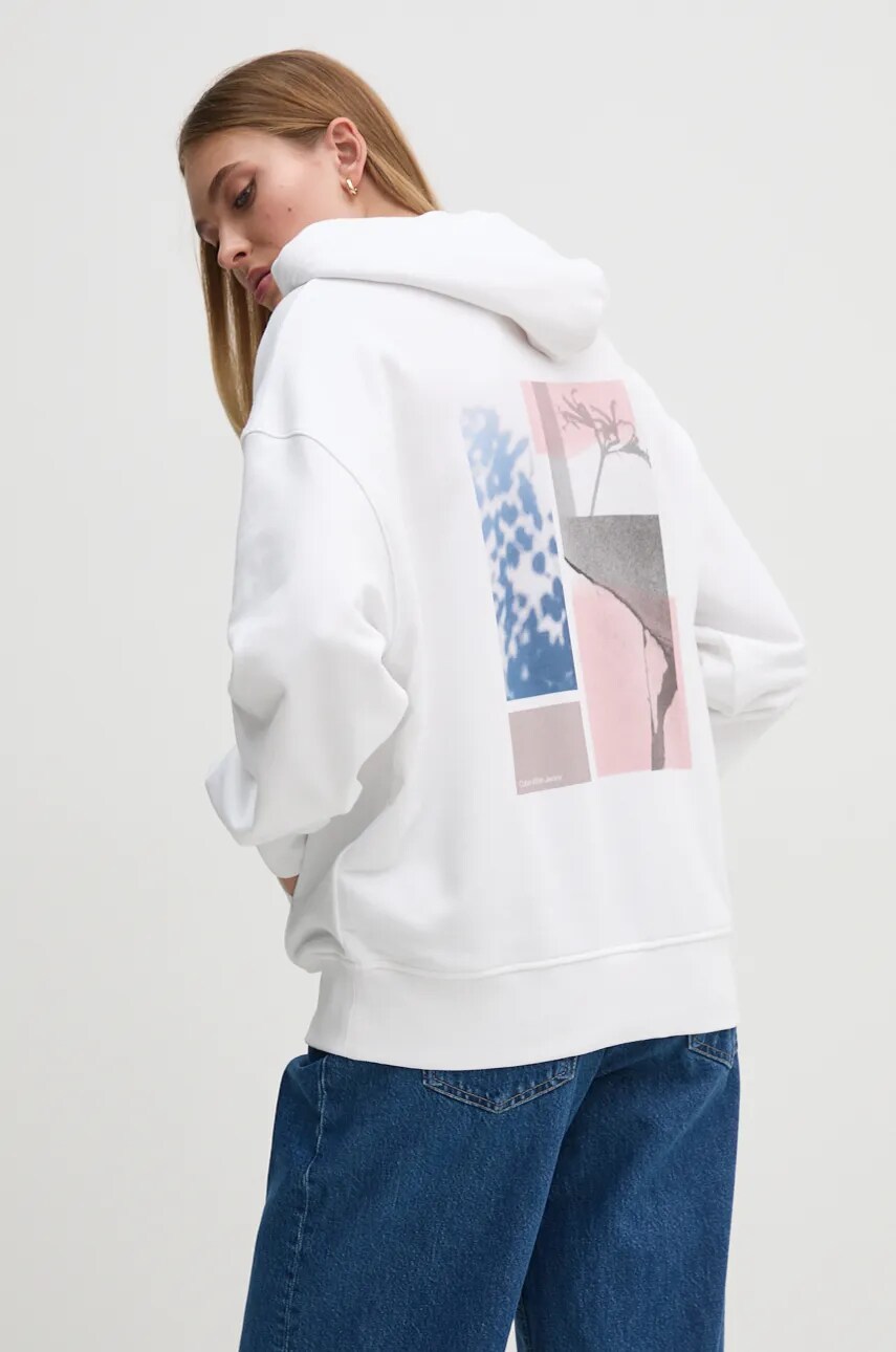 Levně Mikina Calvin Klein Jeans dámská, bílá barva, s kapucí, s potiskem, J20J224178