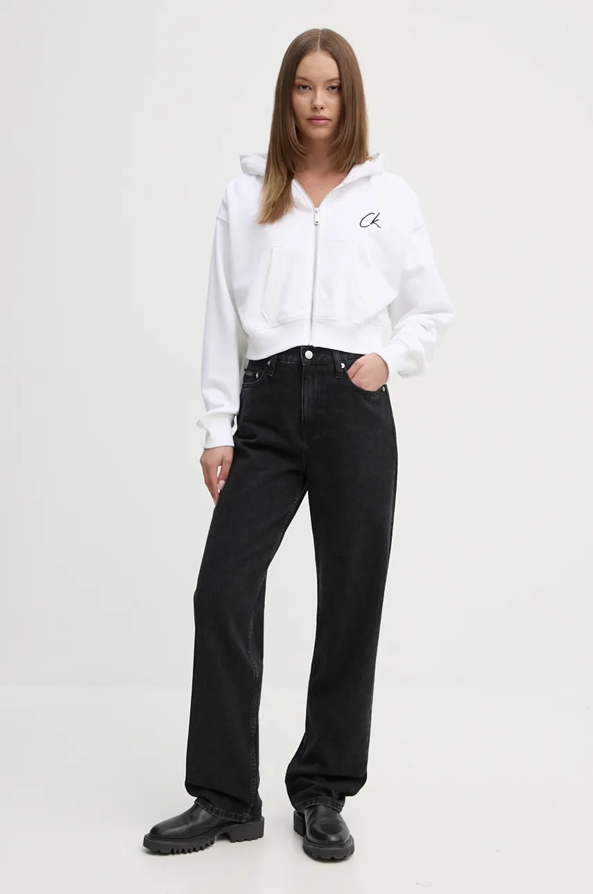 Хлопковая кофта Calvin Klein Jeans женская цвет белый с капюшоном с аппликацией J20J224440 Хлопковая кофта Calvin Klein Jeans женская цвет белый с капюшоном с аппликацией J20J224440