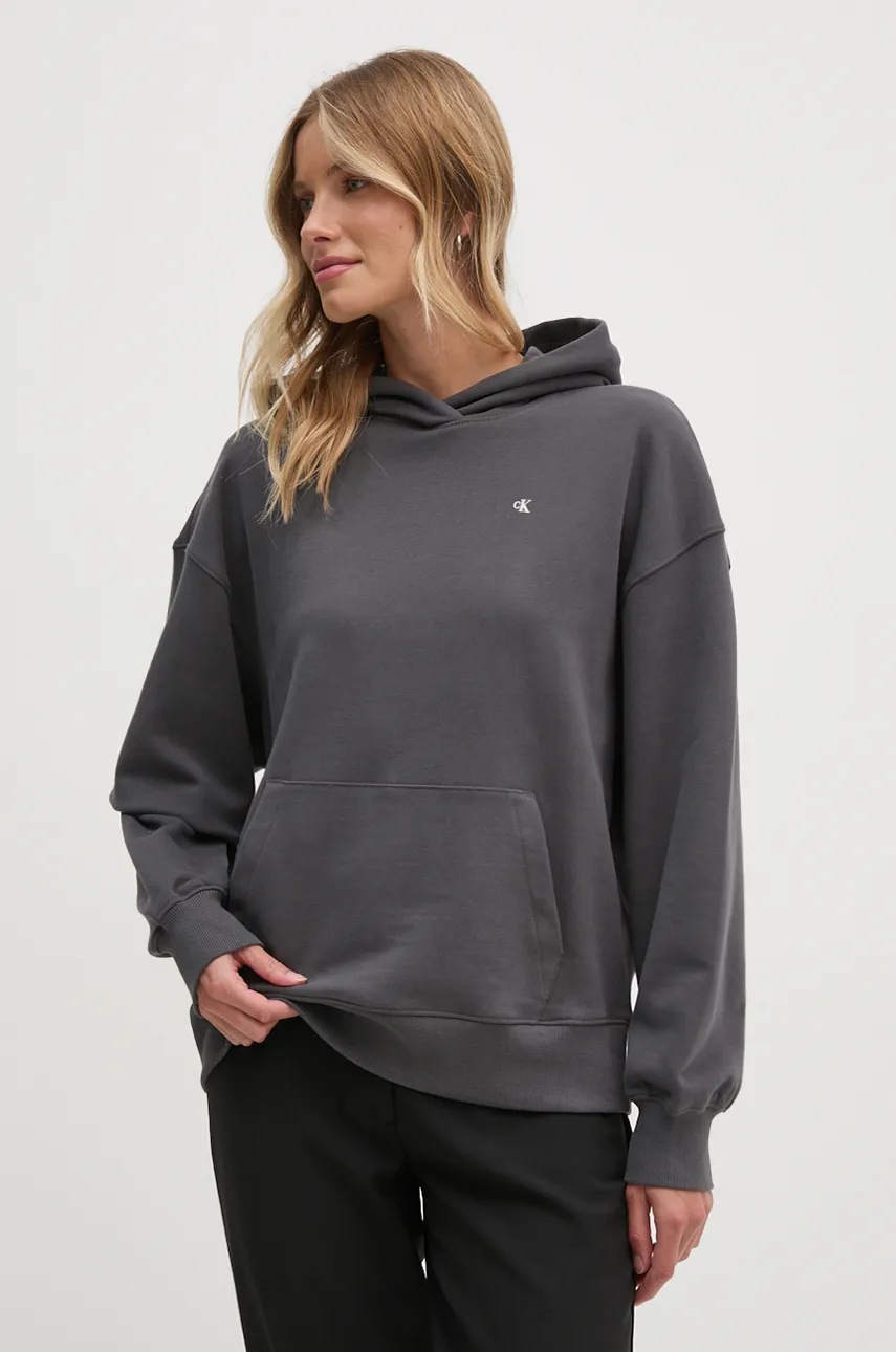 

Памучен суичър Calvin Klein Jeans в сиво с качулка с принт J20J225392, Сив