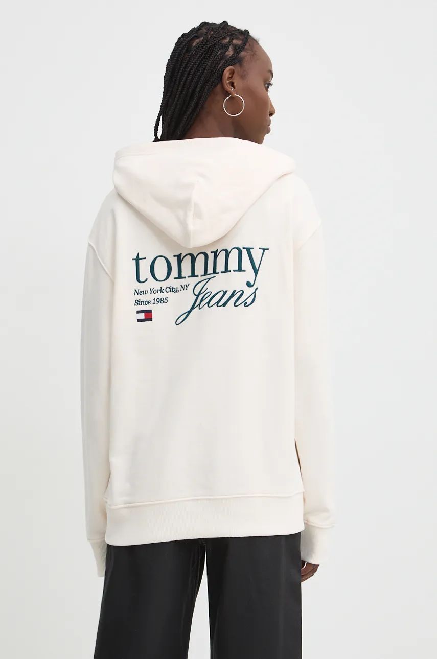 Pamučna dukserica Tommy Jeans za žene, boja: bež, s kapuljačom, s aplikacijom, DW0DW18760