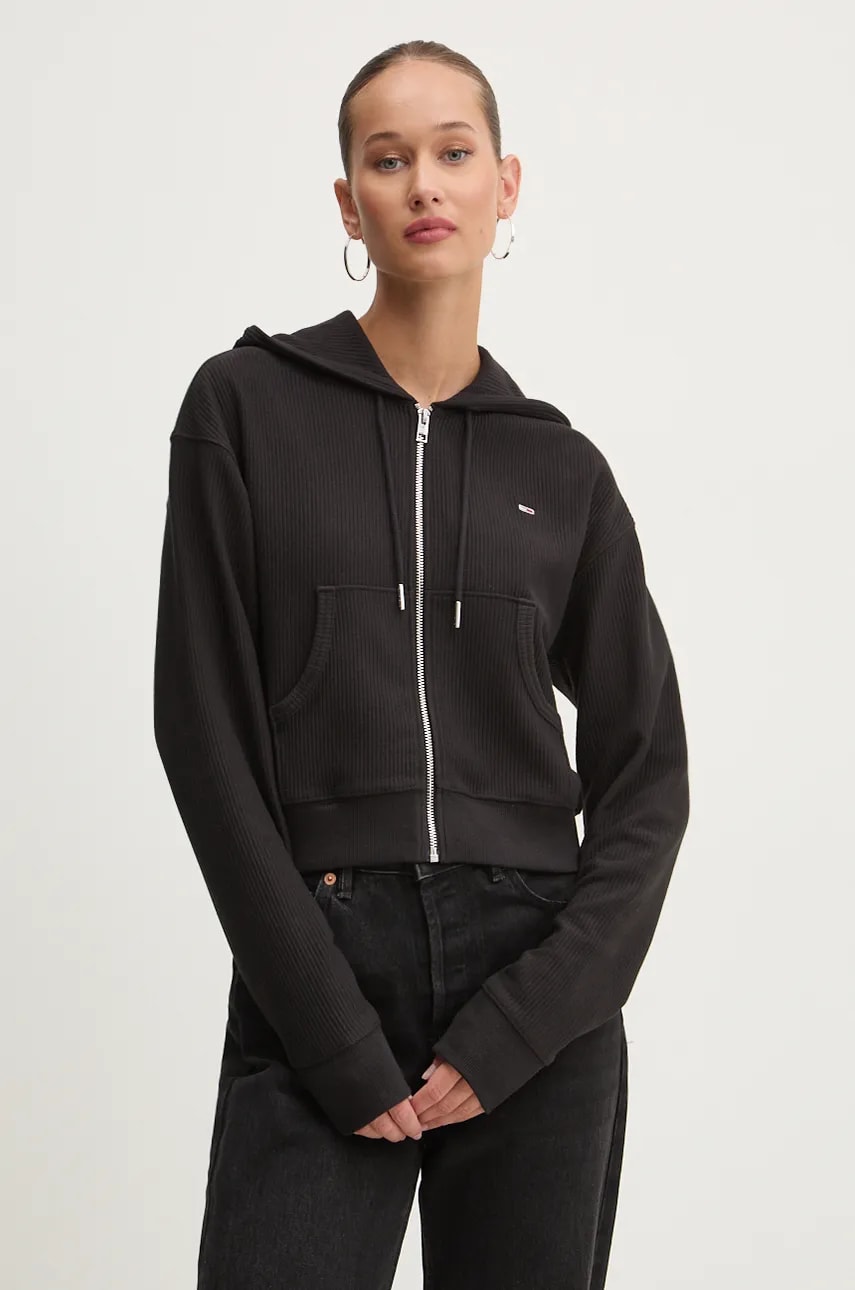 Tommy Jeans bluza femei, culoarea negru, cu glugă, neted, DW0DW18763 Tommy Jeans bluza femei, culoarea negru, cu glugă, neted, DW0DW18763
