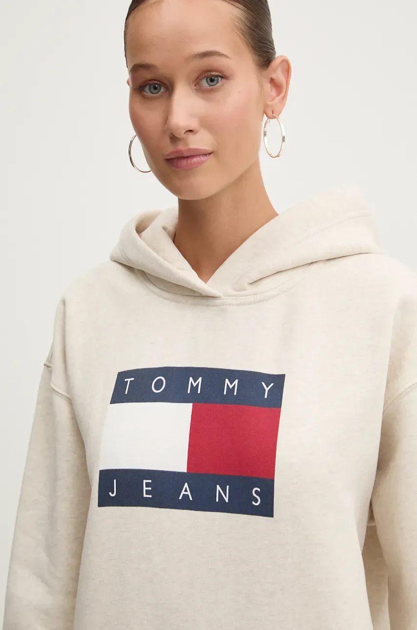 Dukserica Tommy Jeans za žene, boja: bež, s kapuljačom, s tiskom, DW0DW19047