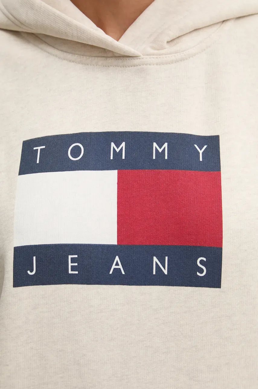 Dukserica Tommy Jeans za žene, boja: bež, s kapuljačom, s tiskom, DW0DW19047