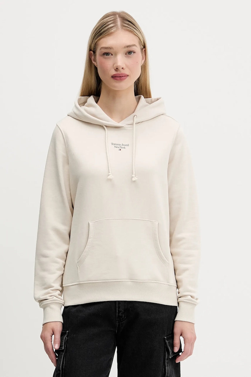 Tommy Jeans bluza femei, culoarea bej, cu glugă, neted, DW0DW19712