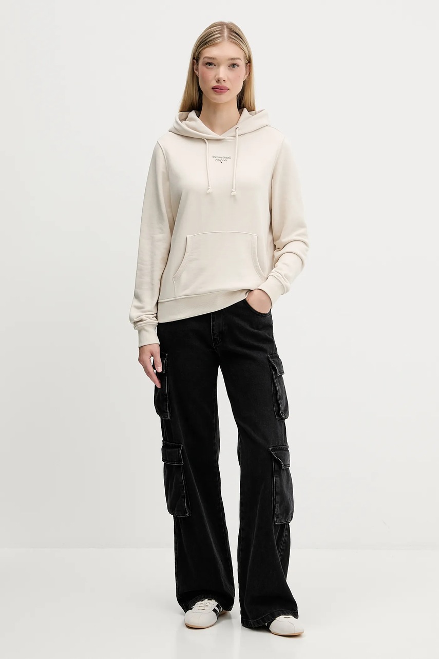 Кофта Tommy Jeans женская цвет бежевый с капюшоном однотонная DW0DW19712