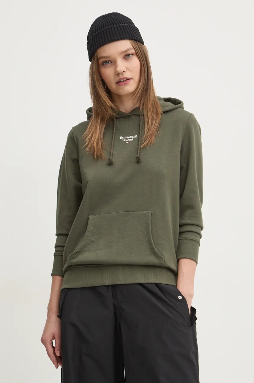 Levně Mikina Tommy Jeans dámská, zelená barva, s kapucí, hladká, DW0DW19712